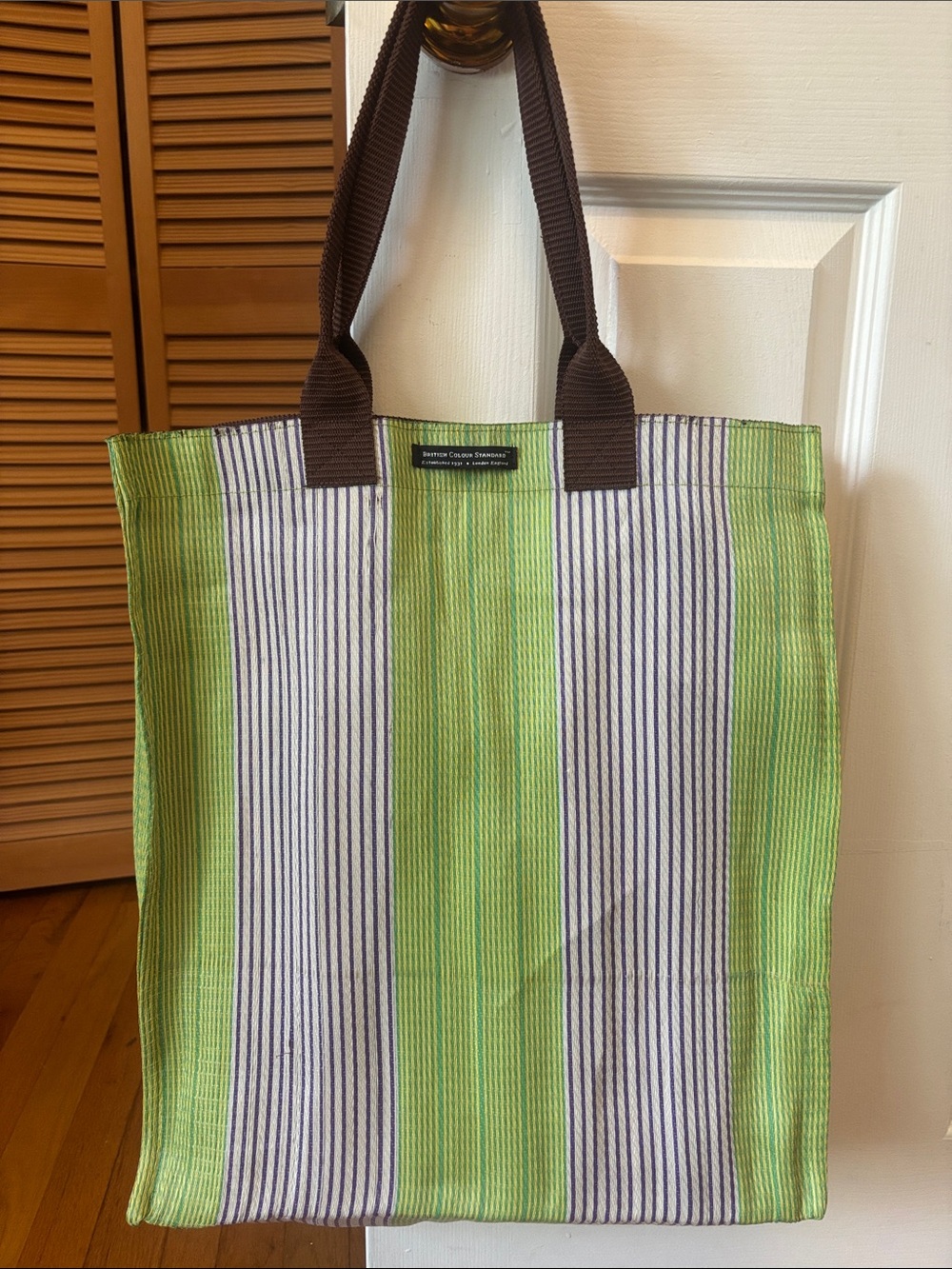 British Colour Standard Striped Green & White Canvas Tote with Brown Handles